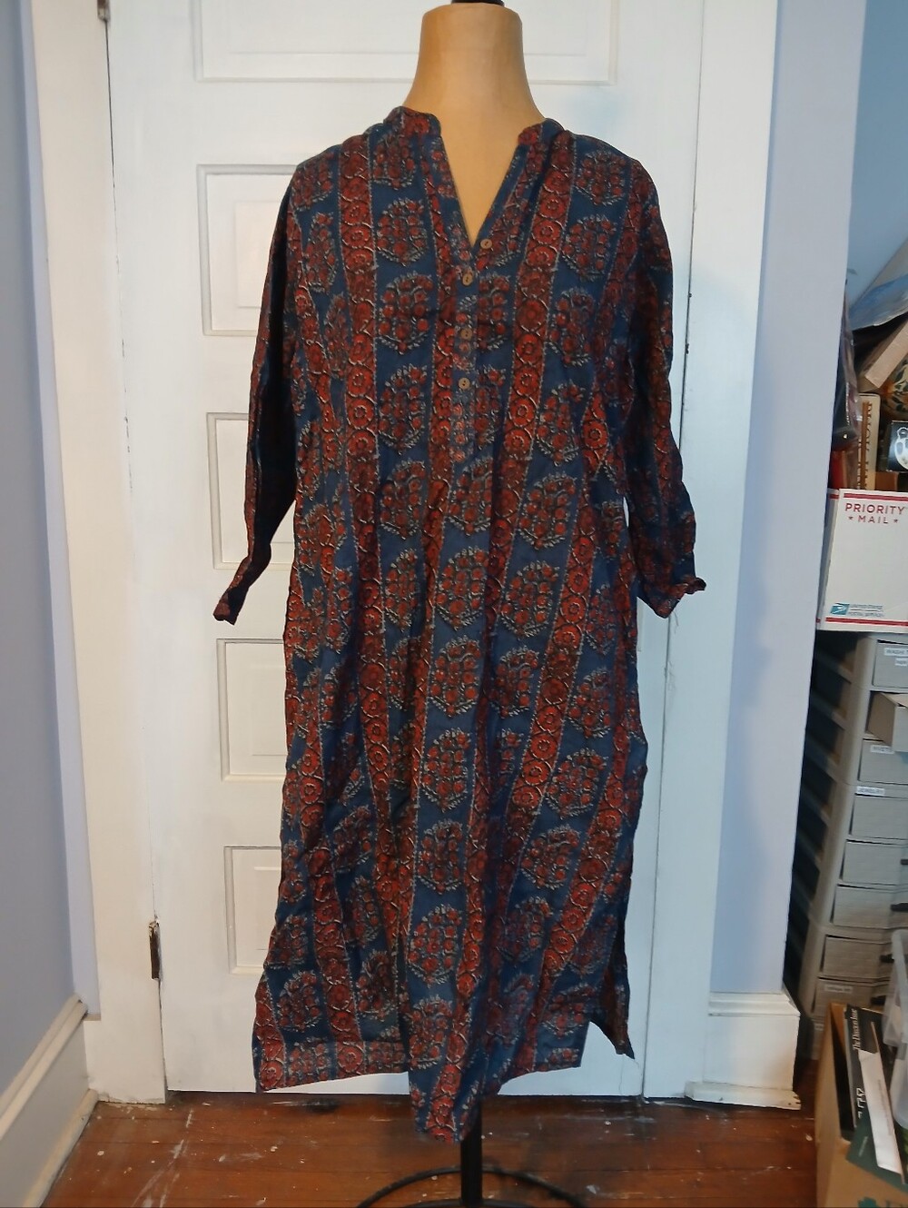 Bohemian Patterned Midi Dress in Blue and Rust